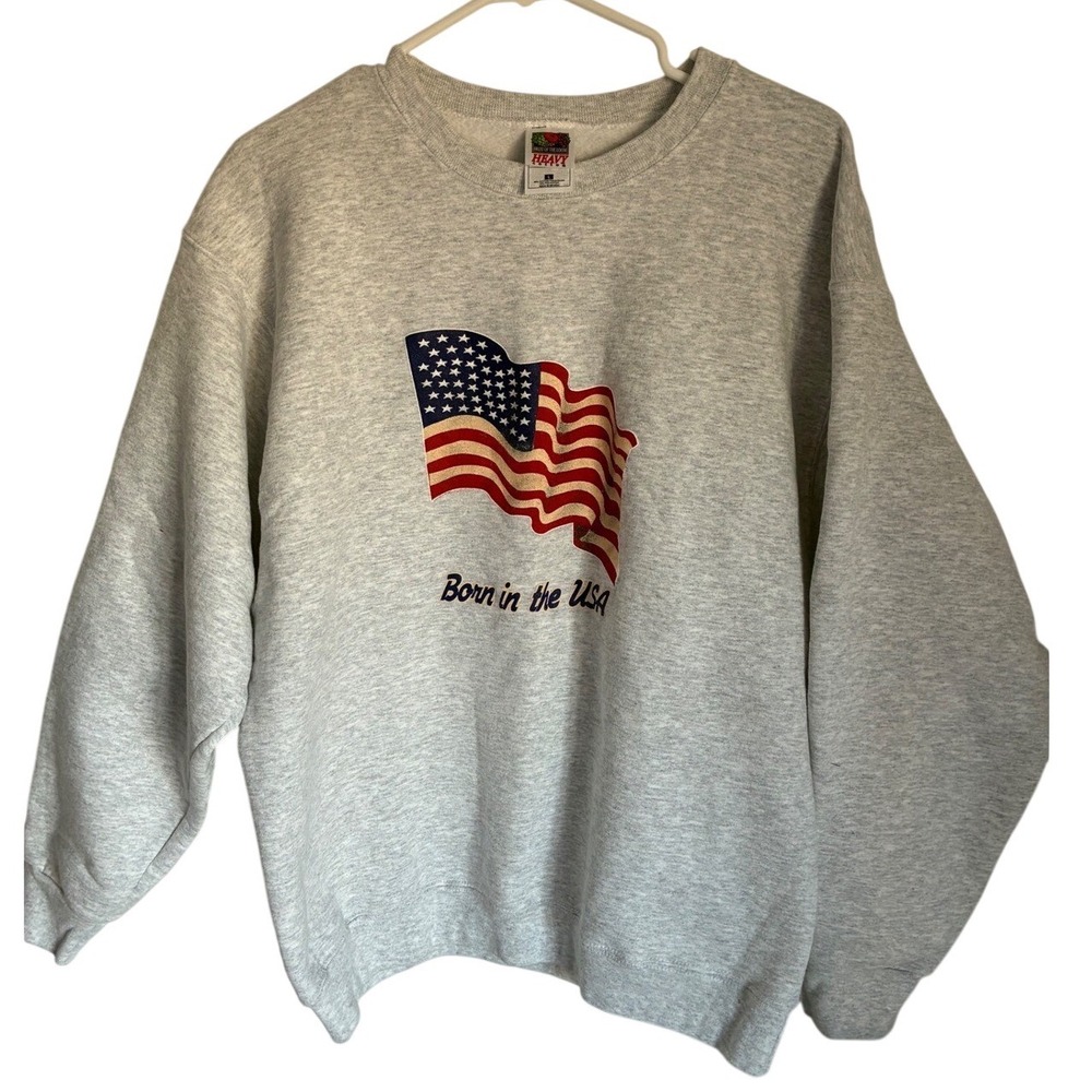 Fruit of the Loom Born in the USA American Flag Sweatshirt Gray Mens Large L